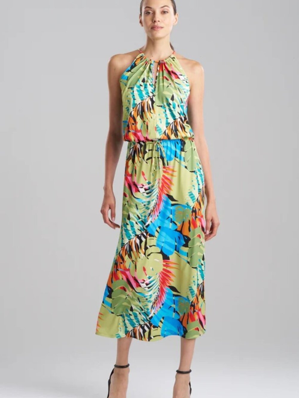 N Natori Palms Slinky Knit Halter Maxi Dress Multi Size M